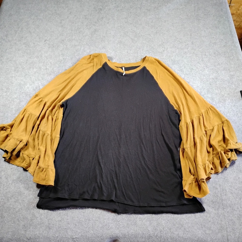 Free People Black Mustard Yellow Ruffle Bell Sleeve Raglan Top Small